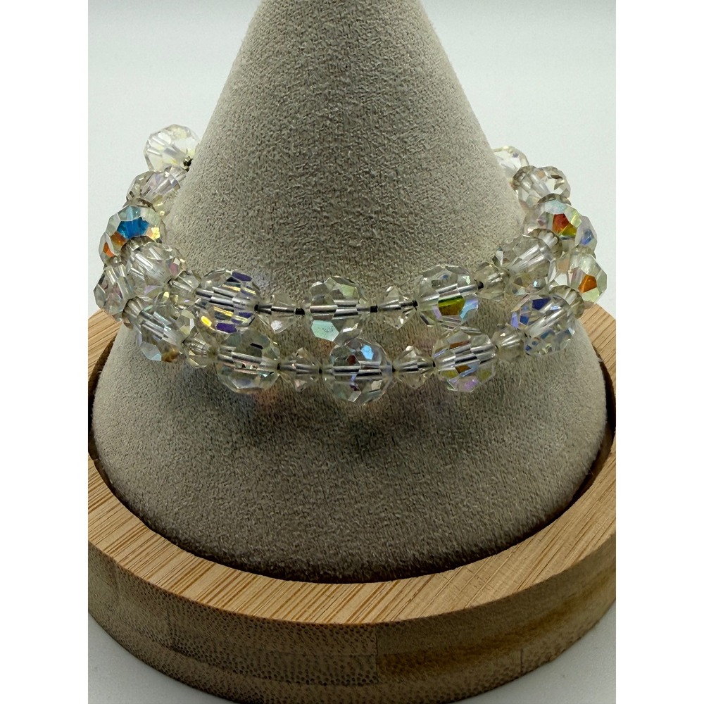 Vintage Aurora Borealis Crystal Bead Memory Wire Wrap Bracelet Iridescent Adj